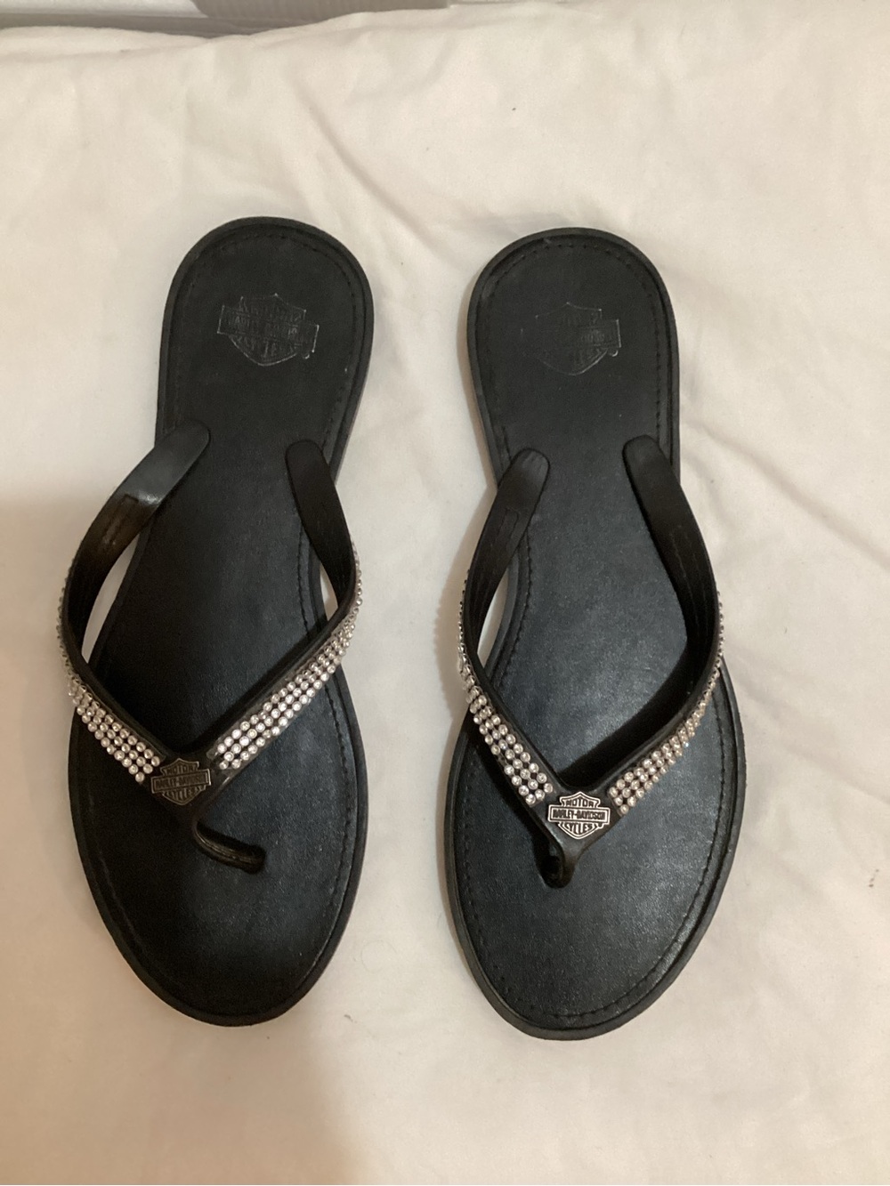 Harley-Davidson Black Flip Flop Sandals with Silver Rhinestones